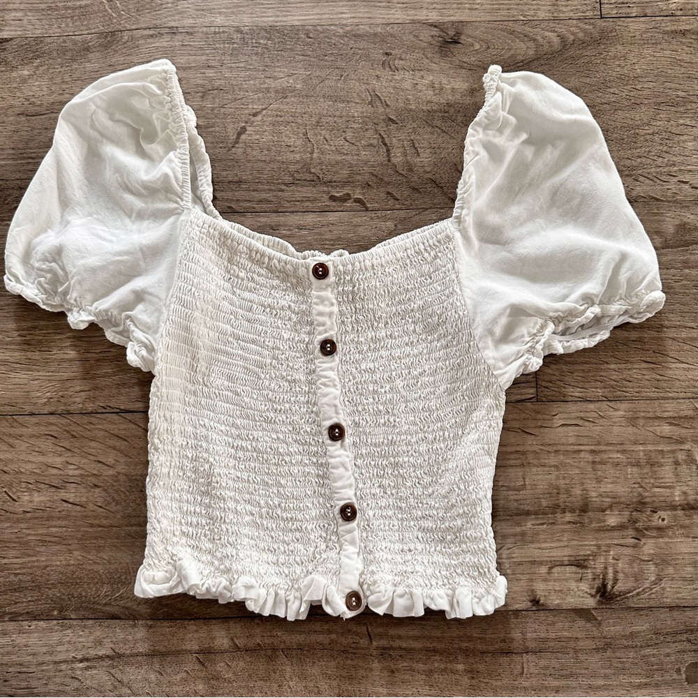 Love Tree White Button-Down Smocked Blouse